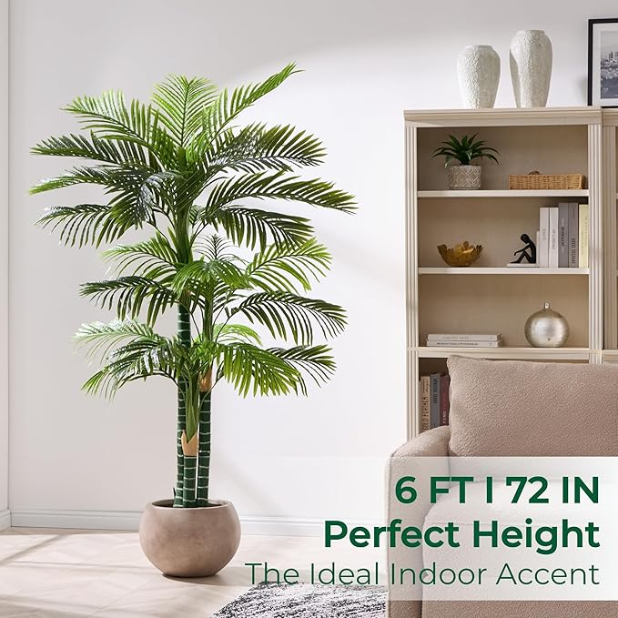6FT Tall Triple Golden Cane Palm Tree (1 Pack), Large Faux Plants, UV Resistant Indoor/Outdoor Fake Plant in Black Cement Pot - Realistic Tropical Decor for Patio, Living Room, Office
