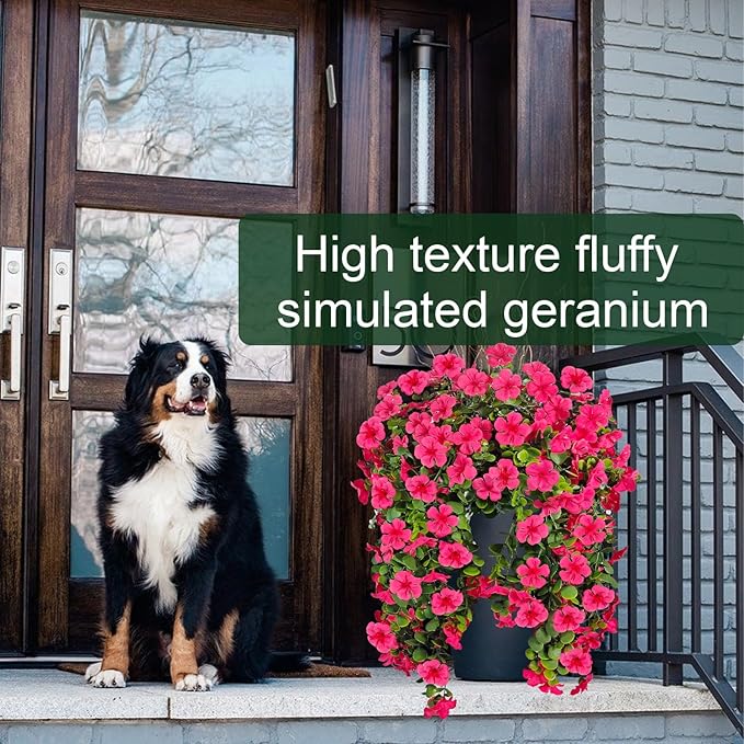 Artificial Geranium Hanging Flowers for Outdoor Decoration, 2 Bundles UV Resistant Silk Geranium Fake Plants Faux Flowers for Front Porch Garden Patio Window Box Outside Indoor Decor (Rose Red)