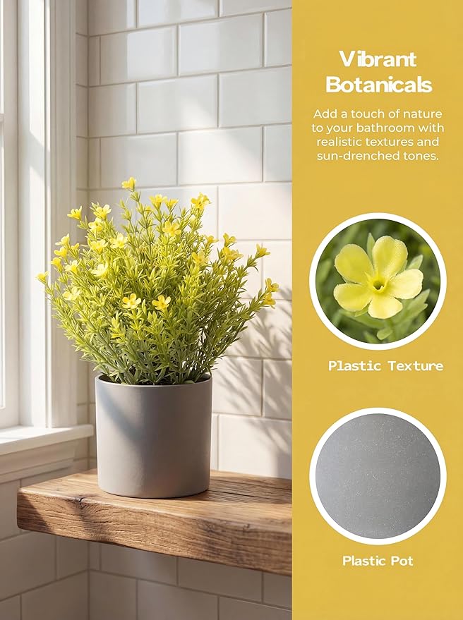2 Pack Small Desk Plants, Artificial Bathroom Plants Decor with Thyme Flower in Vintage Melamine Pots, Faux Plants Indoor for Shelf Decor in Home Office, and Spring Decor (Yellow)