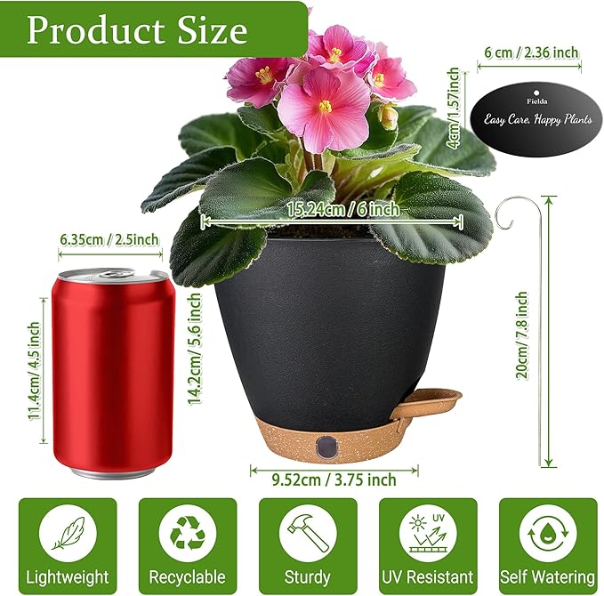 6 Inch Self Watering Pots for Indoor Plants(5-Pack) – Small Plastic Planters with Water Level Window, Drainage Holes & Detachable Trays, Indoor Outdoor Flower Pots for Herbs, Snake,Pothos(Black)