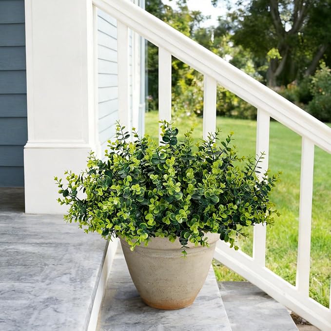 17 Inch Artificial Plants Outdoor Faux Shrubs Eucalyptus Boxwood Grass UV Resistant Fake Plant Greenery Decor for Indoor Window Garden Patio Pathway Front Porch Home Decor（12 Bundles,Green）
