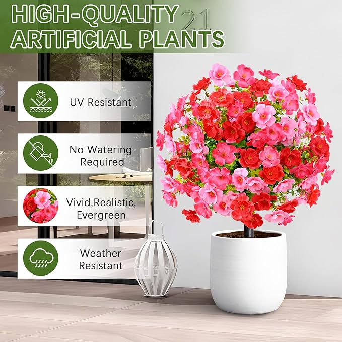 Waipfaru Set of 4 Artificial Boxwood Topiary with Colorful Flowers, 23" UV Resistant Fake Bushes Faux Outdoor Plants, Artificial Shrubs with Ground Spike for Outdoor Garden Front Porch(Red, Pink)