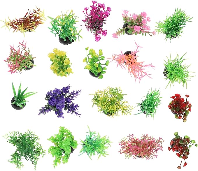Ipetboom 20pcs Fish Tank Decorations Set Aquarium Plants, Colorful Artificial Decor - Mini Plastic Water Plants Grass Accessories for Beta Goldfish Turtle, Random Color