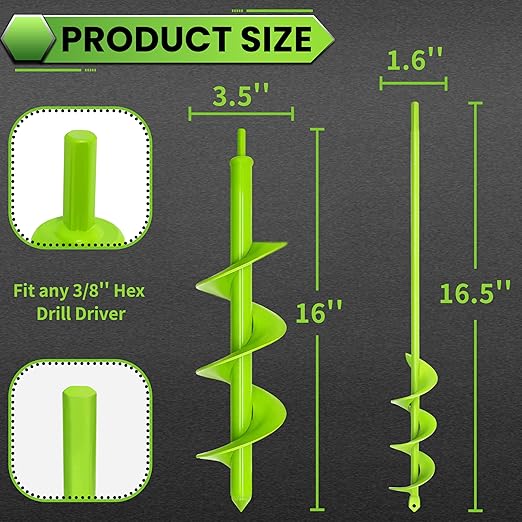 Green Garden Auger Drill Bit for Planting, 1.6"x16.5"&3.5"x16" Post Hole Digger & Bulb Planter Tool, Fits 3/8" Hex Drive Drill, for Seeds, Flowers
