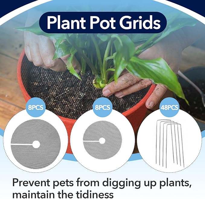 8PCS 15.7 Inch Plant Pot Grids and 8PCS 11.8 Inch Plant Pot Grids Includes 48 Ground Stakes, Plant Pot Soil Cover Protectors from Animals