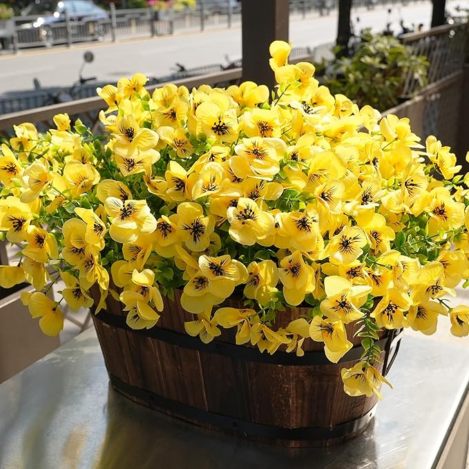 Artificial Flowers for Outdoor, UV Resistant Fake Silk Pansies Flowers, Realistic Faux Plants for Outside Indoor Porch Patio Window Box Planter Home Decor (16, Yellow)