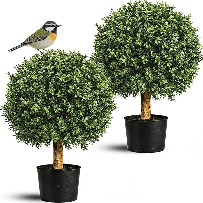 Artificial Boxwood Topiary Tree, 26" Faux Outdoor Plant in Pot, UV Resistant Fake Greenery for Front Porch, Patio, Entryway & Garden Decor