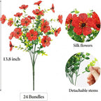ATTGREAT Artificial Flowers Outdoor Faux Plants UV Resistant Fake Patio Flowers Plastic Greenery Plnats Outside Bulk for Spring Garden Hanging Planter Home Vase Decor, 24 Bundles (Red)