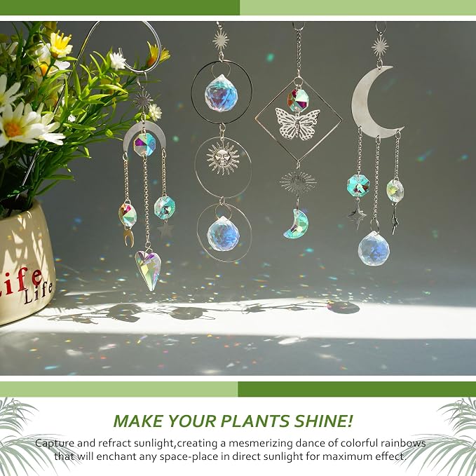 HDCRYSTALGIFTS 4 Pack Crystal Sun Catchers with 13.5'' Small Trellis for Potted Plants Indoor Plant Stake Suncatcher Decoration for Home Window Garden, Sliver