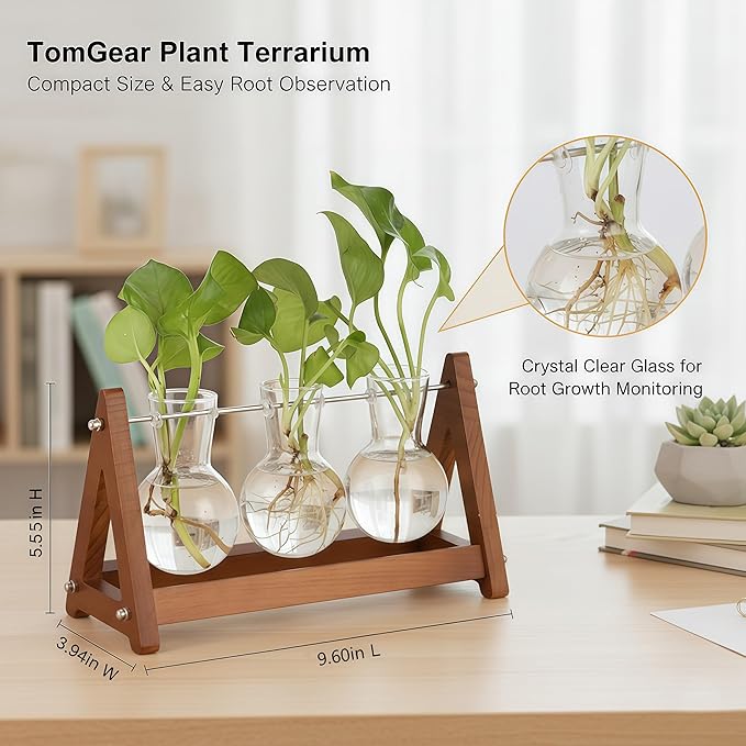 Plant Terrarium with Wooden Stand, 3 Bulb Glass Vase Metal Holder, Retro Hydroponics Planter for Home/Garden/Office Decor, for Women & Mom (1, Natural Wood, 3-Bulb)