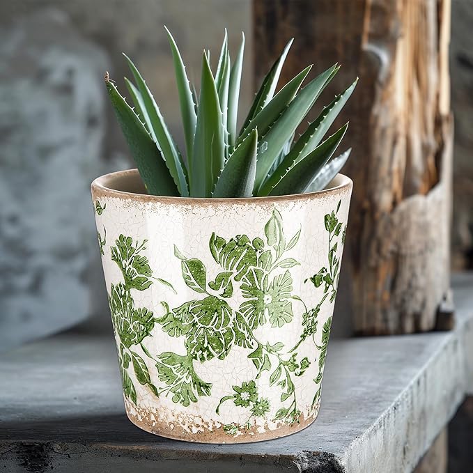 Beeveer Farmhouse Ceramic Planter 5.1 Inch Large Plants Pot Crack Beige Green Floral Vine Plant Pots with Drainage Hole Indoor Plants Kitchen Rustic Antique Decor Gift