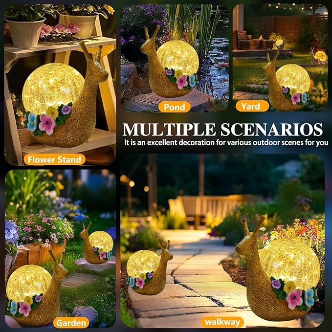 Solar Snail Garden Decorations Outdoor Lights Yard Decor,Resin Fariy Statues Cracked Glass lamp Outside for Backyard Patio Lawn Porch,Unique Gifts for Women Mom Grandma