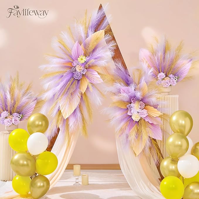 50 PCS Purple Pampas Grass, 17in Pampas Grass Decor, Artificial Pompas Wall Decor for Vase Room Bedroom Kitchen Table Wedding Party Birthday Baby Showers（Purple）