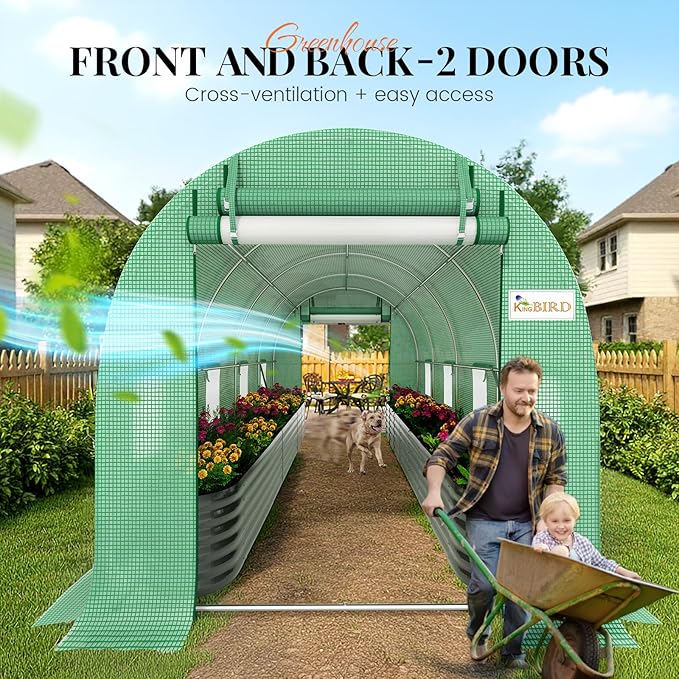 KING BIRD Premium 15x6.6x6.6FT Greenhouse for Outdoors, Large Walk-in Upgraded Galvanized Metal Frame, Mesh Door Screen Window Improved Zipper Tunnel Hoop for Garden Plant Winter, Green