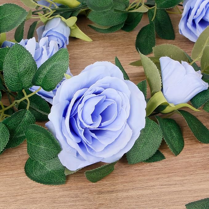 TELDRASSIL 4Pcs(26 FT) Artificial Rose Vine Fake Flower Garland Fake Silk Rose Hanging Vine for Wedding Party Background Arch Garden Background Decoration (Blue)