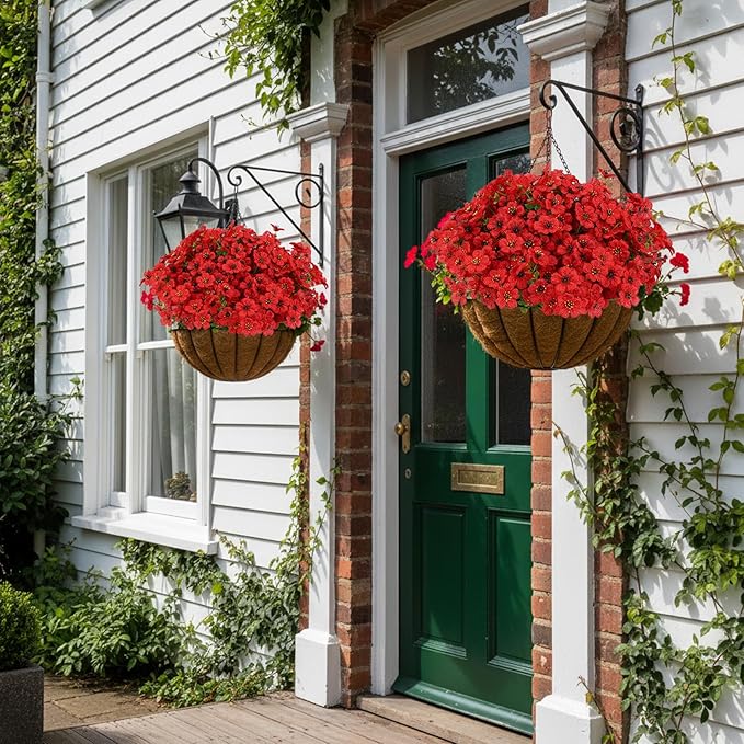 CEWOR 12 Bundles Artificial Flowers for Outdoor Indoor, Fake Silk Daisy with Eucalyptus Leaves, Faux Flower for Valentine's Day Decor Garden Front Door Porch Planter Patio Home Decor (Red)