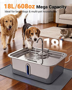 18L/4.76Gal Extra Large Dog Water Fountain with Silicone Mat & 3 Filters, Quiet Pet Water Fountain for Giant Breeds, Stainless Steel Dog Water Bowl Dispenser with Visible Window & Alert Light