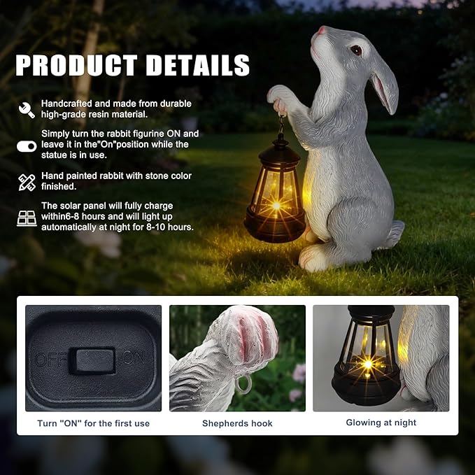 Solar Rabbit Garden Statue with Glowing Lantern - Weatherproof Resin Outdoor Decor for Yard, Patio, Lawn & Balcony, Unique Housewarming, Easter & Birthday Gift for Women, Mom, Grandma
