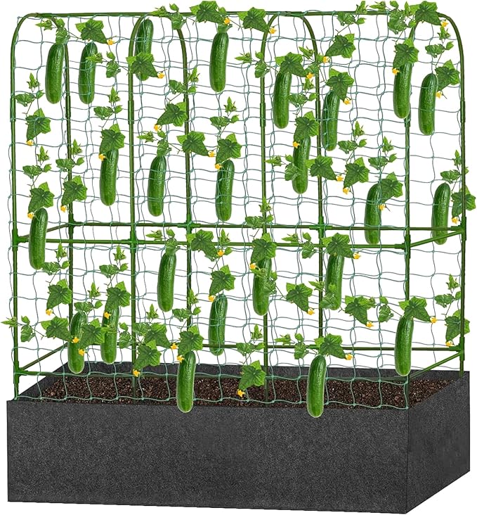 GENMOUS Garden Trellis for Climbing Plants, Cucumber Trellis with Grow Bag, 65 X 50 Inch Large Metal Trellis for Climbing Raised Bed Vegetable Outdoor