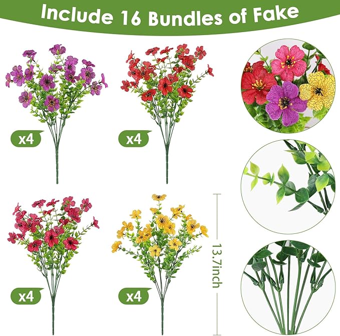 16 Bundles Artificial Flowers for Outdoors, Realistic Fake Silk Flowers for Outside, UV Resistant Faux Plants for Outdoor Planters - Spring Summer Porch Decor (4 Colors)