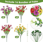 16 Bundles Artificial Flowers for Outdoors, Realistic Fake Silk Flowers for Outside, UV Resistant Faux Plants for Outdoor Planters - Spring Summer Porch Decor (4 Colors)