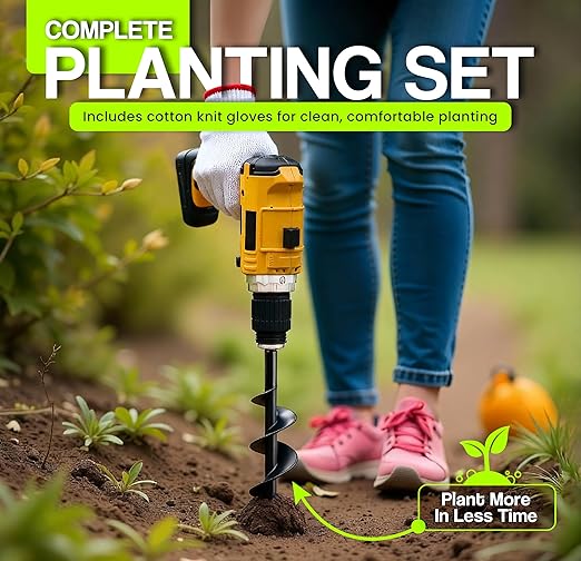 Auger Drill Bit for Planting with Gloves (4 x 12 Inch) - Heavy Duty Garden Spiral and Bulb Planter Tool for Digging Holes - Compatible with 3/8 Inch Hex Drive