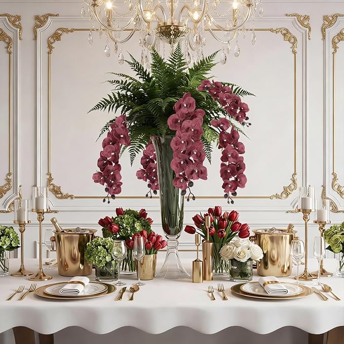 6PCS Artificial Orchid Flowers 27’’ Silk Faux Phalaenopsis Orchids Fake Orchid Stems for Vase Table Centerpiece Home Wedding Party Garden Decoration(Dark Red)