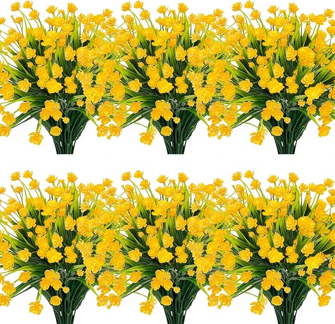 TURNMEON 12 Bundles Artificial Flowers for Outdoors Summer Decor, Realistic UV Resistant Fake Plants Faux Plastic Flowers for Outside Planter Home Gardens Porch Yards Spring Cemetery Decor(Yellow)