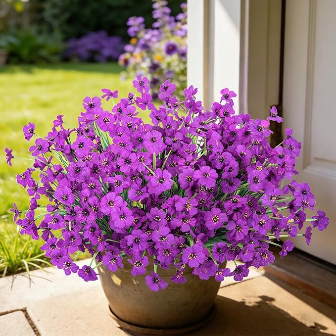 Ouddy Decor 24 Bundles Artificial Flowers for Outdoors Fake Silk Flowers UV Resistant Faux Plastic Plants for Indoor Outdoor Vase Box Garden Porch Window Box Home Spring Summer Decor, Purple