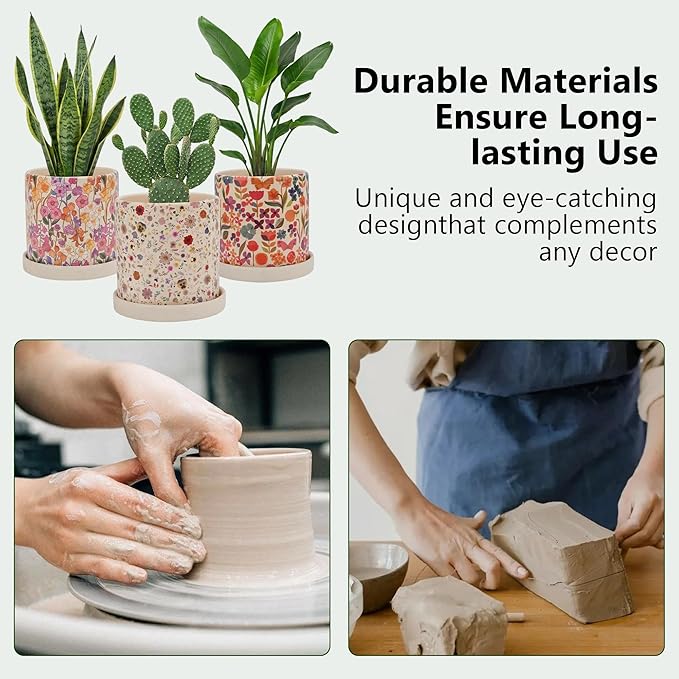3Pcs Floral Ceramic Planters with Drainage Holes & Saucers, Modern Indoor/Outdoor Pots for Succulent, Cactus, Snake Plant, Home & Garden Decor