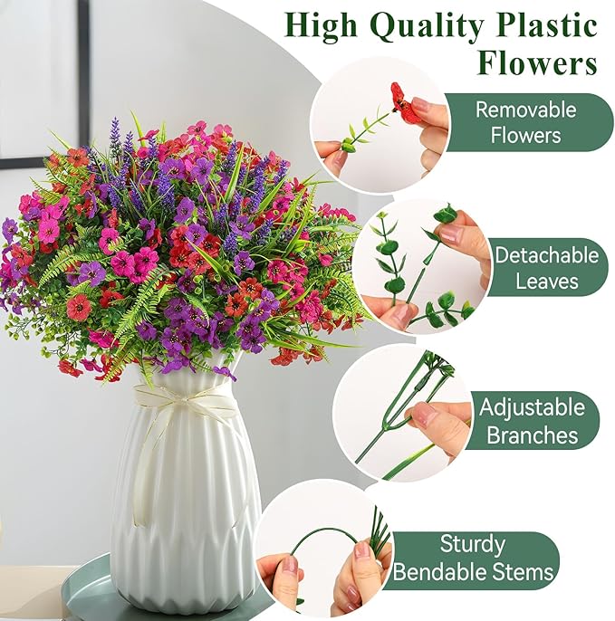 Alupssuc 24 Bundles Artificial Flowers for Outdoors Planters Spring Decoration, UV Resistant Faux Eucalyptus Violet and Lavender Silk Fake Plants for Outside Indoor Yard Home Patio Decor, Mix 3 Colors