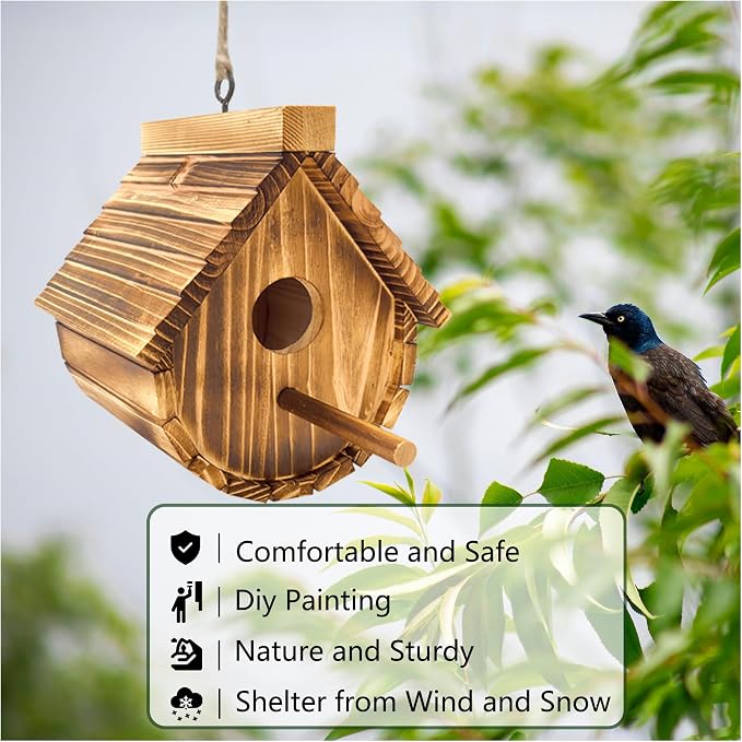 1 Pack Wren Houses for Outdoors,Natural Wooden Hanging Bird House for Chickadee,Bluebird,Handmade from Natural Wood for Garden Decorations