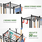 Sttoraboks Garden Tool Organizer Rack Up to 50 Tools, Heavy-Duty Steel Yard Tool Organizer for Garage Storage with 11 Hooks, Broom Holder & Garden Tool Rack for Shed, Patio, Outdoor Use, Black