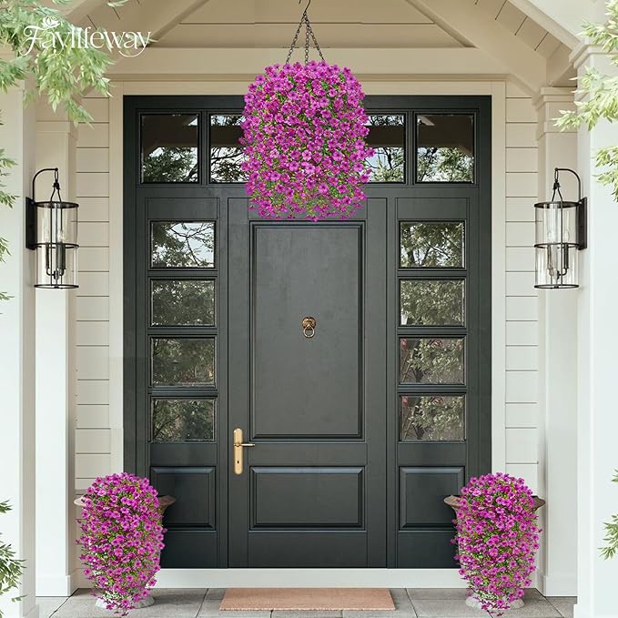 Artificial Hanging Flowers for Outdoors Spring Summer Decoration, 4PCS UV Resistant Silk Fake Hanging Plants for Patio Porch Front Yard Window Garden Indoor Decor(Purple,4PCS)