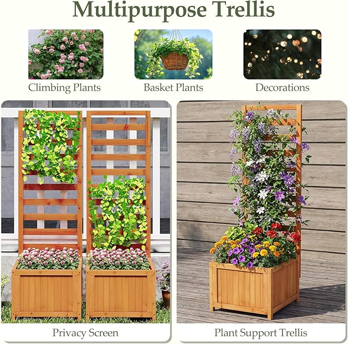 HAPPYGRILL Raised Garden Bed with Trellis, 48" Wood Elevated Planter Box w/Drainage Holes & Gaps for Climbing Plants Vines Flowers, Indoor Outdoor Privacy Fence Planter Raised Bed for Patio Yard (2)