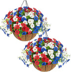 Hananona 2 Set Artificial Outdoor Flowers with Hanging Basket, 2 Hanging Planters with 24 Pcs Patriotic Flowers for Summer Front Porch Patio 4th ofJuly Decor (2, Red, White, Blue)