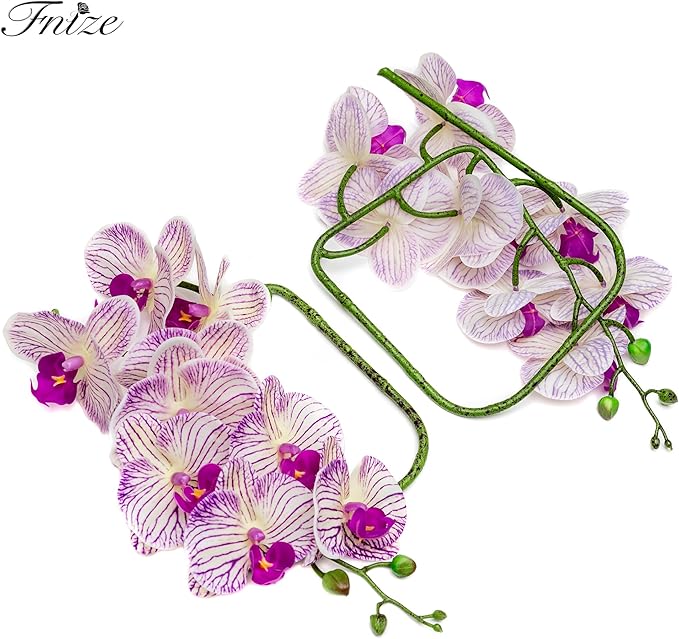 Fnize Faux Orchid Stems Artificial Flowers Phalaenopsis 38 Inch 2pcs Real Touch Latex 9 Large Petals Purple Pattern