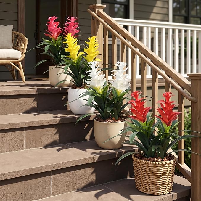 Ivydale Fake Flowers Plants for Outdoors, 2 Pcs 16.93" Bromeliad Artificial Flowers Uv Resistant Realistic Faux Flowers for Outdoor Planters Outside Porch Patio Yard Garden Indoor Decoration(Yellow)