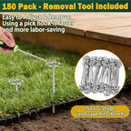 150 PCS Landscape Fabric Staples Pins,Thickened 8 Gauge Circle Top Landscape Fabric Stakes, 6 inch Galvanized Weed Barrier Stakes Pins with Removal Tool, Garden Staples for Weed Barrier Fabric