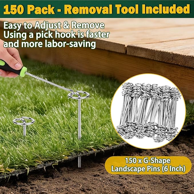 150 PCS Landscape Fabric Staples Pins,Thickened 8 Gauge Circle Top Landscape Fabric Stakes, 6 inch Galvanized Weed Barrier Stakes Pins with Removal Tool, Garden Staples for Weed Barrier Fabric