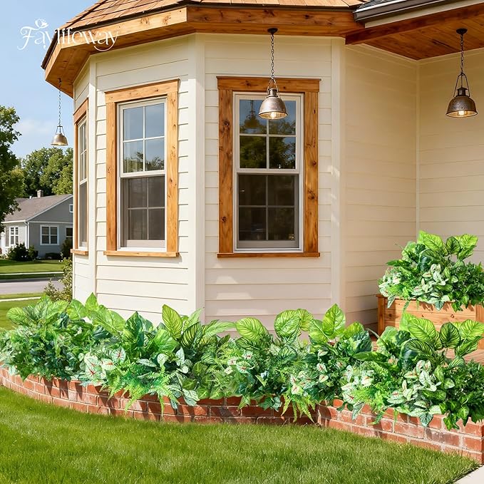 12 Bundles Artificial Plants Outdoor,UV Resistant Fake Greenery Stems with Large Shrubs Faux Plastic Plant for Outside Front Porch Planters Garden Window Box Patio Decor(Pot Not Included)