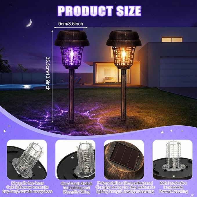 Qualirey 4 Pcs Solar Mosquito Zapper Outdoor Waterproof Solar Powered Bug Zapper Outdoor Mosquito Killer Lamp Trap Repellent Light for Garden Yard Insect (Purple and Warm Light,Bronze)