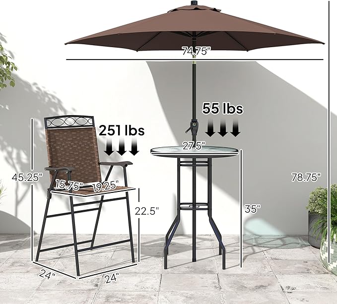 Outsunny 4 Piece Outdoor Bar Set with Umbrella, Patio Dining Set with 2 Folding Chairs, Wave Textured Tempered Glass Table for Backyard, Garden, Deck, Poolside, Brown