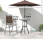 Outsunny 4 Piece Outdoor Bar Set with Umbrella, Patio Dining Set with 2 Folding Chairs, Wave Textured Tempered Glass Table for Backyard, Garden, Deck, Poolside, Brown