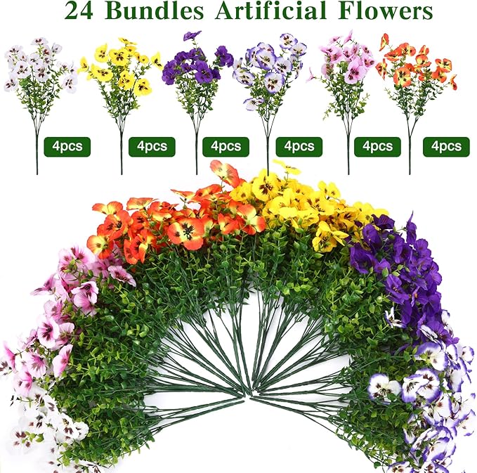 CEWOR 24 Bundles Artificial Flowers for Outdoor Indoor, Fake Silk Pansy with Eucalyptus Leaves, Faux Flower for Garden Front Door Porch Planter Patio Home Decor (Yellow White Purple Pink Orange Blue)
