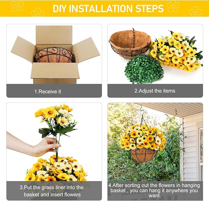 Ouddy Decor Artificial Hanging Flowers with Basket, Fake Silk Hanging Flowers in Coconut Lining Basket Faux Hanging Plants for Outdoor Indoor Spring Garden Porch Home Decor, Yellow