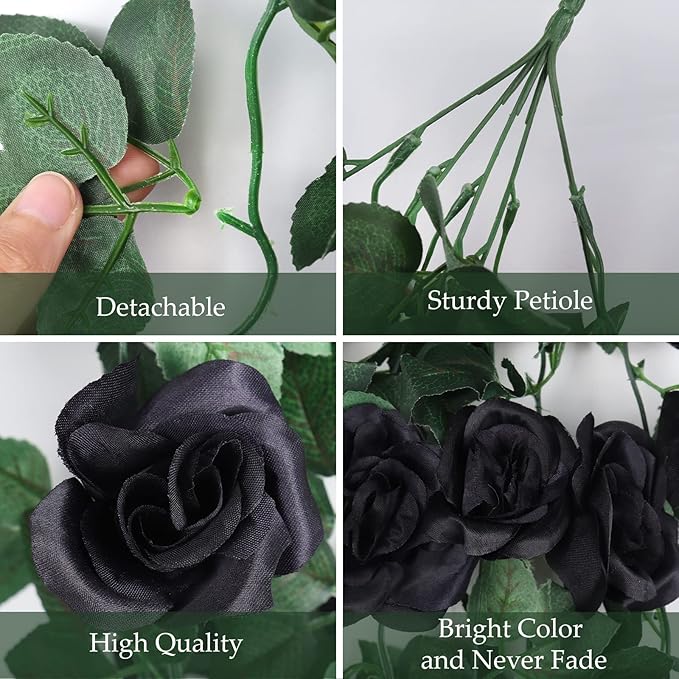 RECUTMS Artificial Hanging Rose Flower 4Pieces 3.3Ft Flowers for Outdoors with 30 LED Fairy String Lights Fake Indoor Wall Wedding (Black)