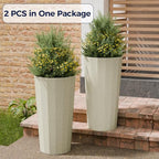 23.6" Tall Outdoor Planters Set of 2, Large Planters for Outdoor Plants for Porch Decor with Drainage Hole, Wide Stripe Design Porch Flower Pots for Indoor Pot Patio/Garden, Off White