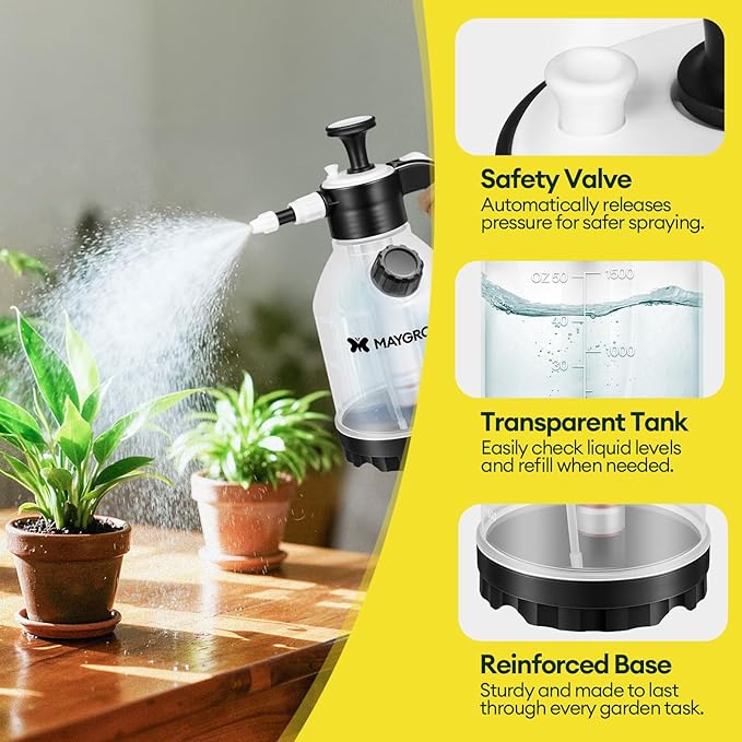 MAYGROVE 0.4 Gal Pump Sprayer, Hand Water Spray Bottle for Indoor Plant, Clear Plant Sprayer with Side Filling Port, Measuring Cup, Adjustable Nozzles, Safe Pressure Relief Valve