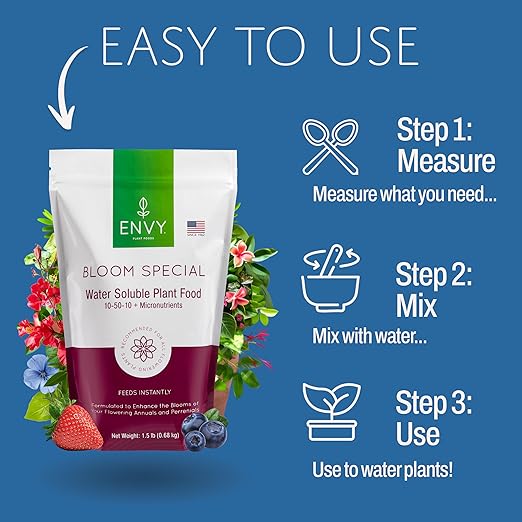 ENVY Bloom Special Plant Fertilizer for Flowering Plants, 1.5 Pound - Makes 150 Gallons, for Indoor and Outdoor Plants, Pet Safe, Water Soluble, Made in USA